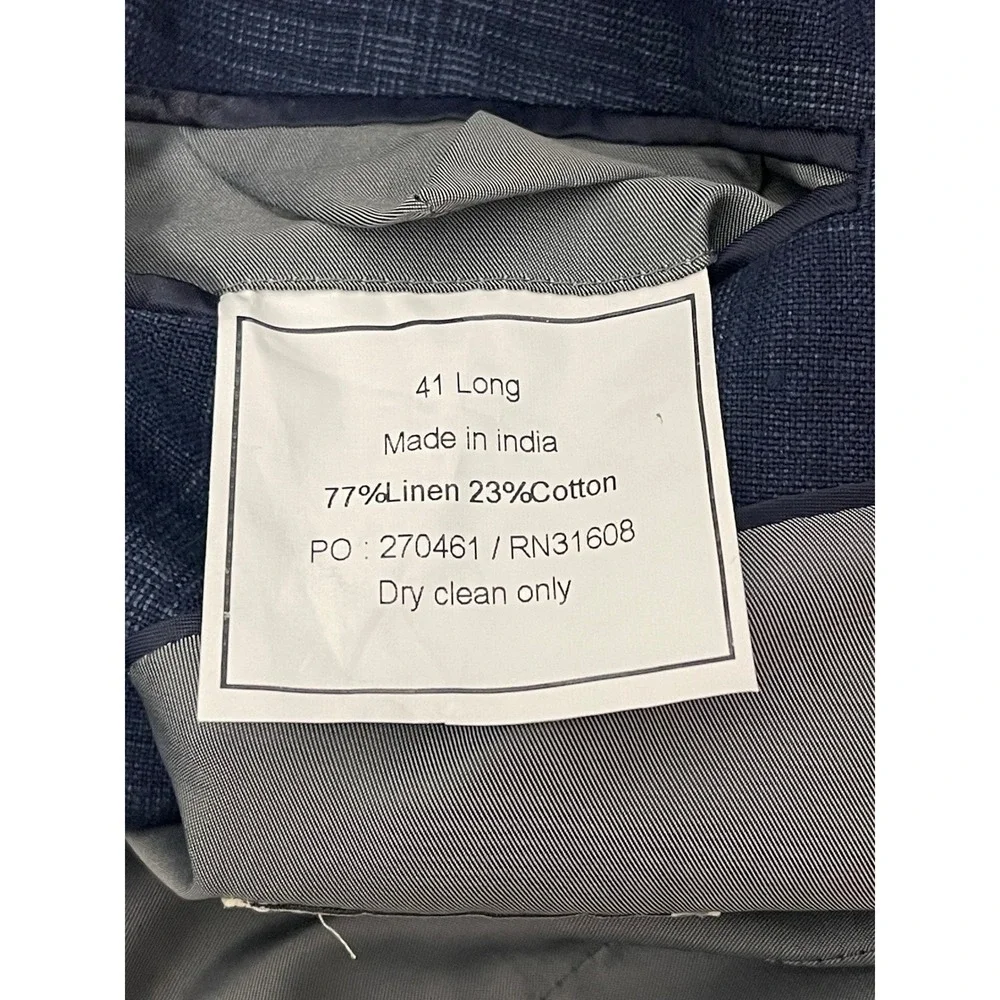 Jos. A. Bank 1905 Mens 41 Long Navy Blue Linen‎ Cotton Plaid Blazer Tailored Fit